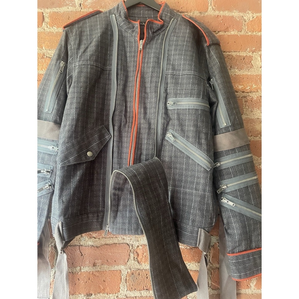 Marc Jacobs Vintage Denim Plaid Zipper Biker Jacket Sz L Mens Blue/ Gray/ Orange - Picture 10 of 16